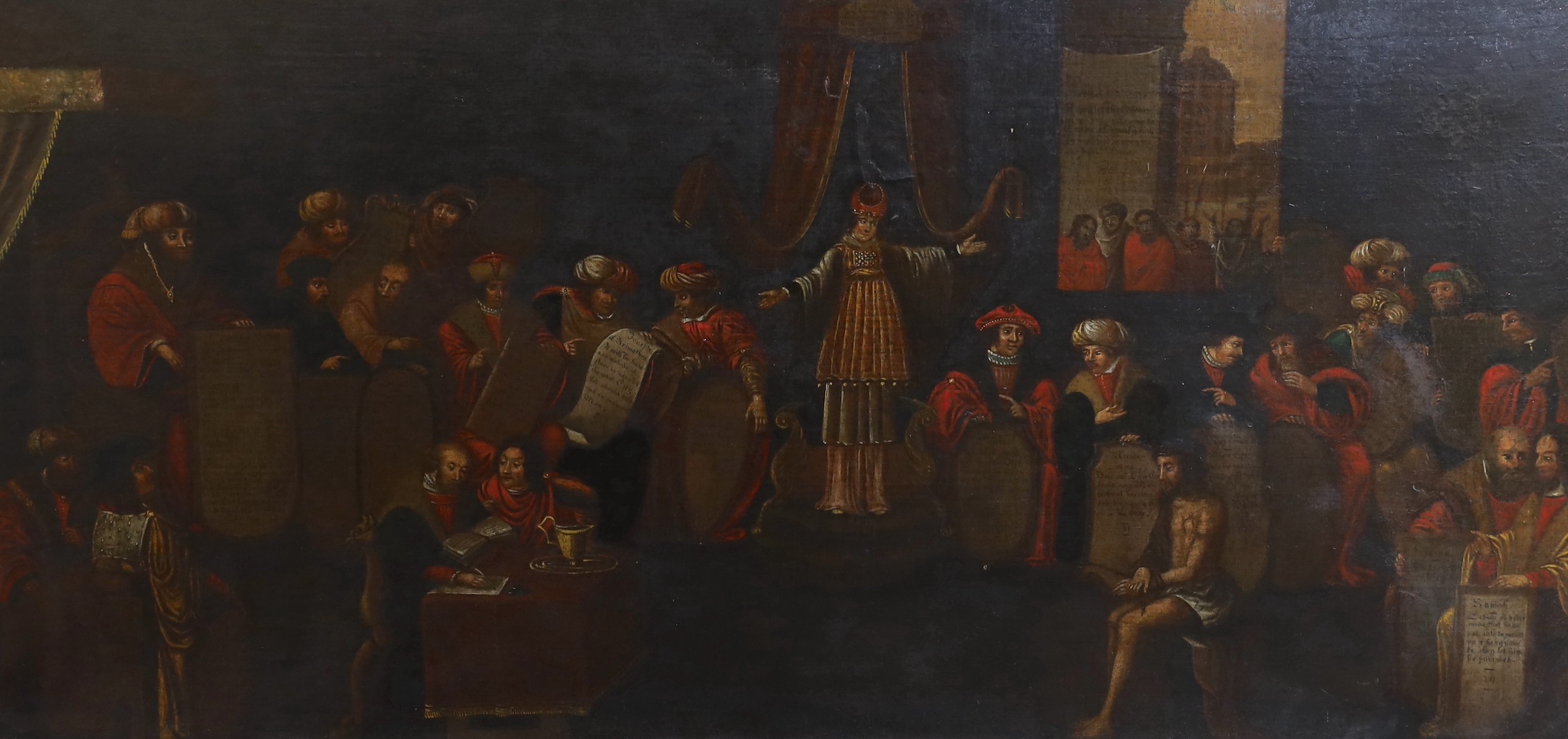 Mid 17th Century English School, Christ before Pilate and Jewish leaders, including Joseph of Arimathea, with many of the figures holding scrolls on which are writings inscribed in both Hebrew and English., oil on canvas